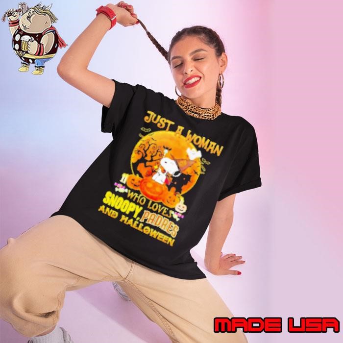 Just a woman who loves Snoopy San Diego Padres and Halloween 2024 Ladies tee