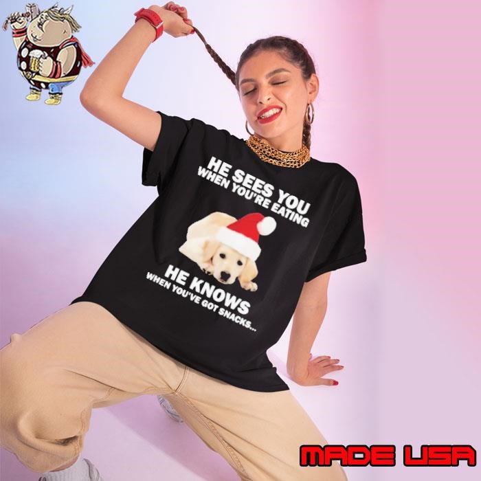 Labrador He Sees You When You’re Eating He Knows When You’ve Got Snacks Christmas Ladies tee