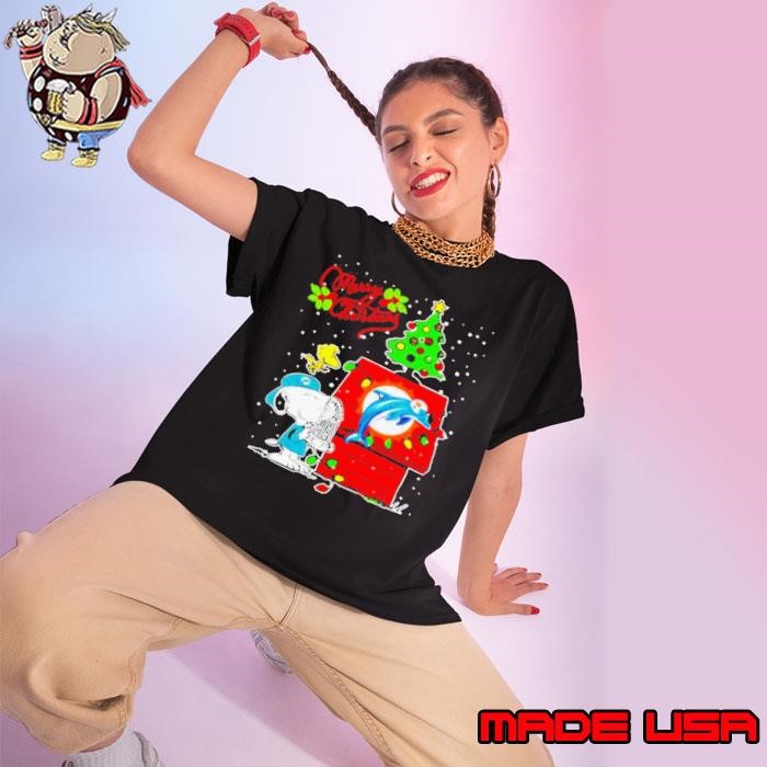 Merry Christmas Snoopy Woodstock Dolphins Miami Ladies tee
