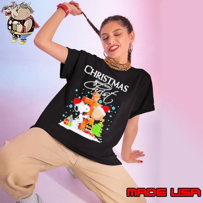 Charlie Brown and Snoopy Christmas Begins with Christ Black Ladies tee