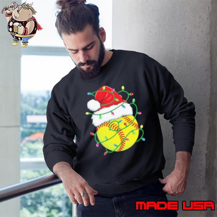 Christmas Softball Santa Hat Womens Girls Xmas Lights Softball Sweatshirt