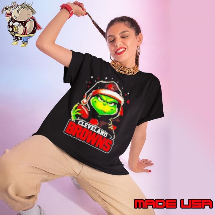 Cleveland Browns Grinch wearing Santa hat Christmas 2024 Ladies tee