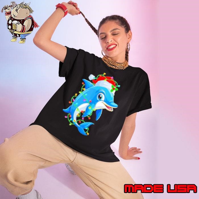 Dolphin Santa Hat Christmas Tree Lights Xmas Pajamas Ladies tee
