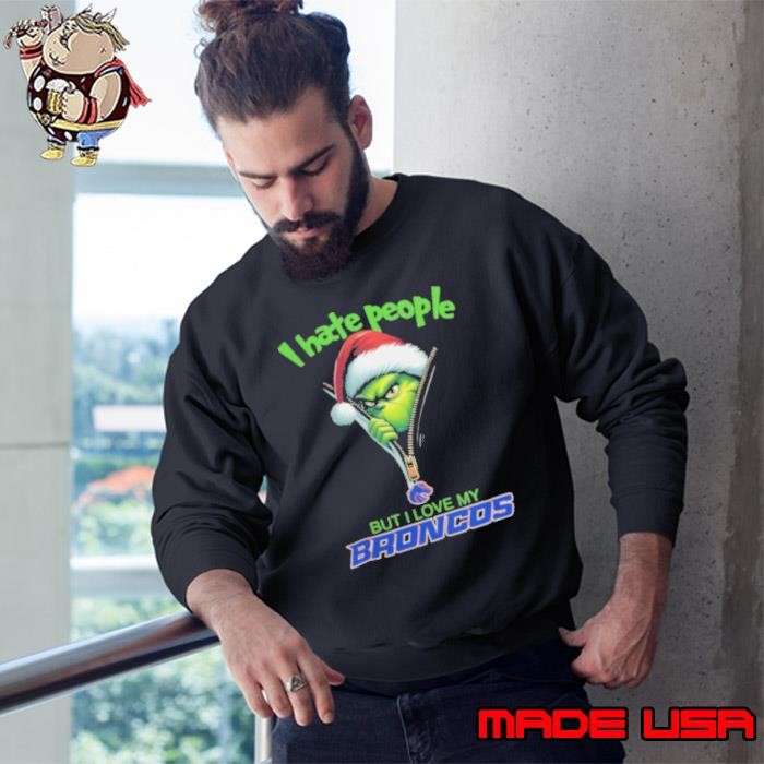 Grinch Santa Hat I Hate People But I Love My Boise State Broncos Christmas Logo Sweatshirt