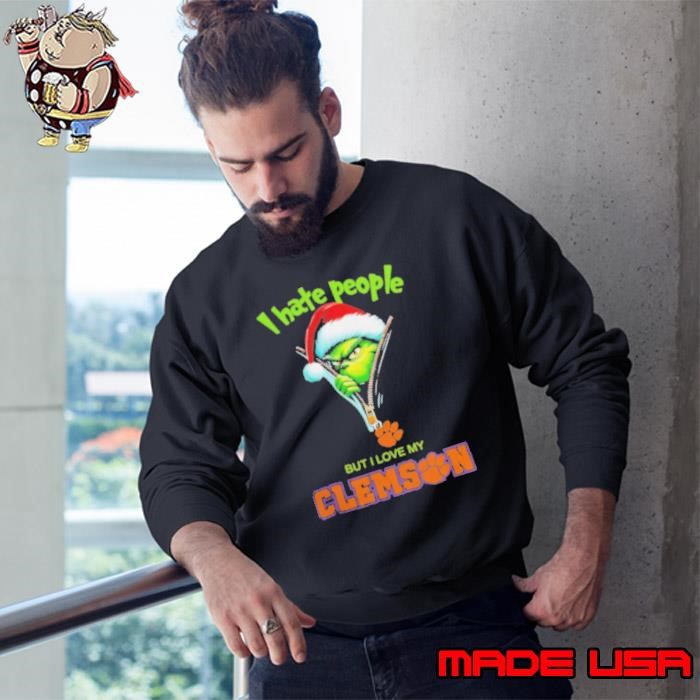 Grinch Santa Hat I Hate People But I Love My Clemson Tigers Christmas Logo Sweatshirt