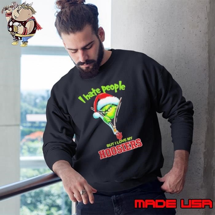 Grinch Santa Hat I Hate People But I Love My Indiana Hoosiers Christmas Logo Sweatshirt