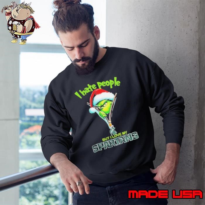 Grinch Santa Hat I Hate People But I Love My Michigan State Spartans Christmas Logo Sweatshirt
