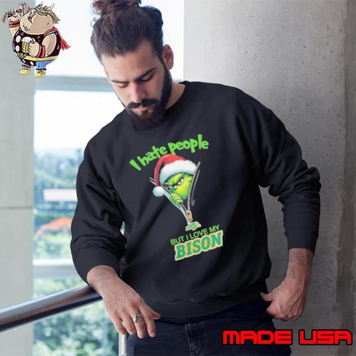 Grinch Santa Hat I Hate People But I Love My North Dakota State Bison Christmas Logo Sweatshirt