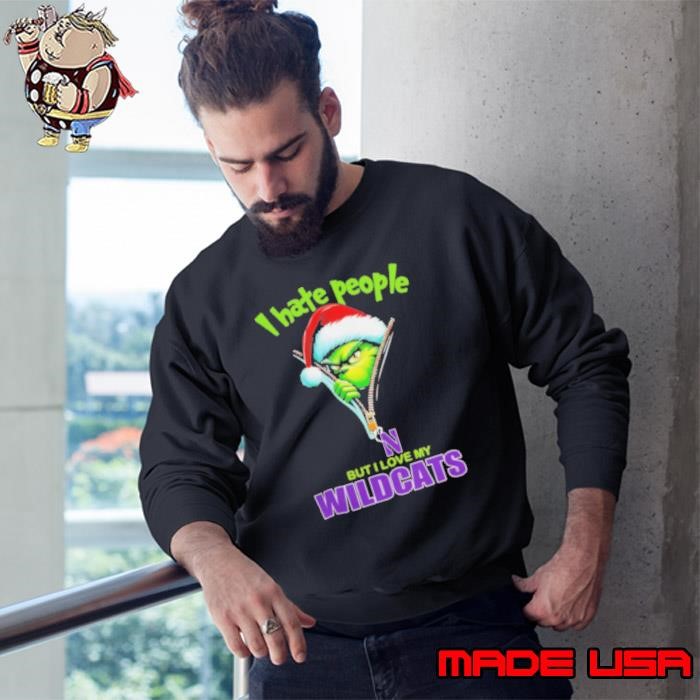 Grinch Santa Hat I Hate People But I Love My Northwestern Wildcats Christmas Logo Sweatshirt