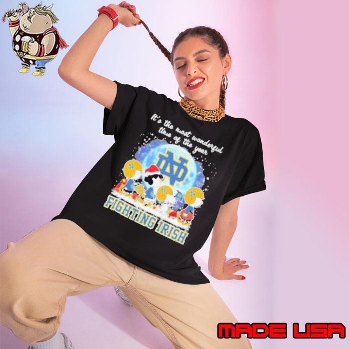 It’s The Most Wonderful Time Of The Years Peanuts Characters X Notre Dame Fighting Irish Merry Christmas Ladies tee