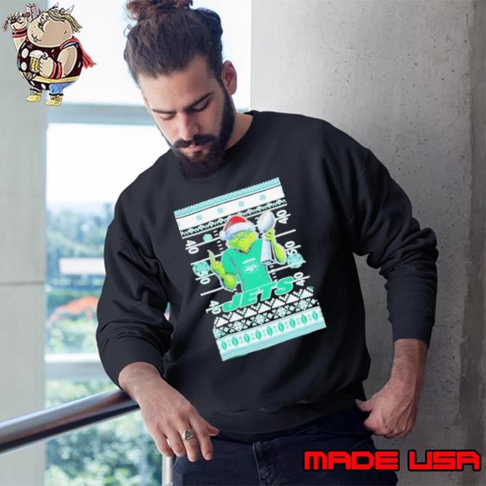 New York Jets X Grinch Christmas with Super Bowl Trophy ugly Christmas Sweatshirt
