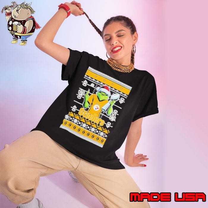 Pittsburgh Steelers X Grinch Christmas with Super Bowl Trophy ugly Christmas Ladies tee