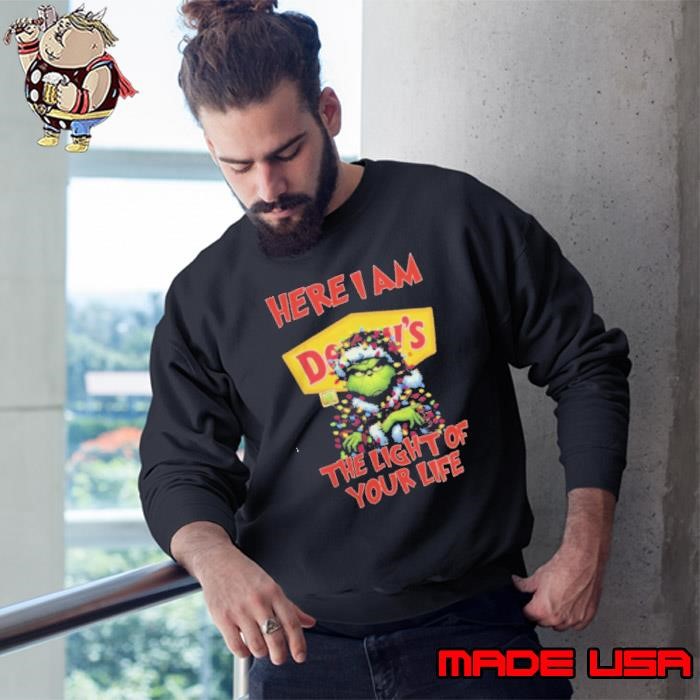 Santa Grinch Here I Am Denny’s The Light Of Your Life Christmas Light Sweatshirt