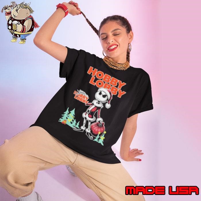 Santa Jack Skellington Hobby Lobby Logo Merry Christmas 2024 Ladies tee