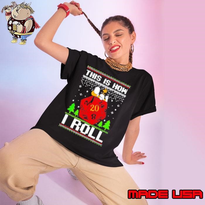 Snoopy and Woodstock atop a d20 this is how I roll Ladies tee