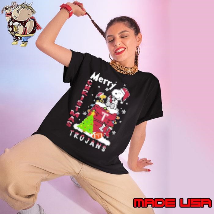 Troy Trojans Snoopy And Woodstock Merry Christmas Ladies tee