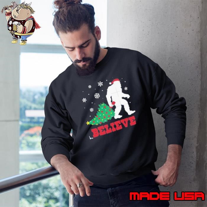 Believe Christmas Bigfoot Santa Hat Xmas Tree Sweatshirt