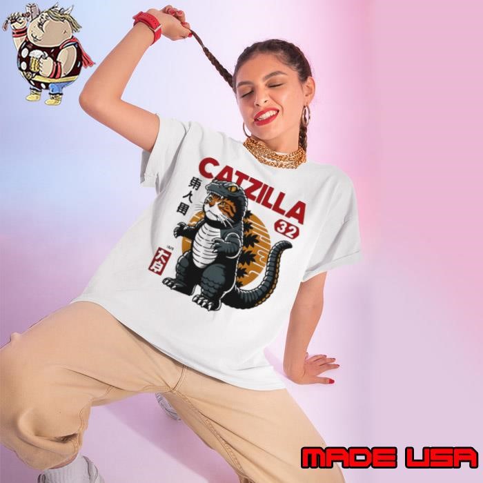 Japanese Design Catzilla Vintage Wash Retro Ladies tee