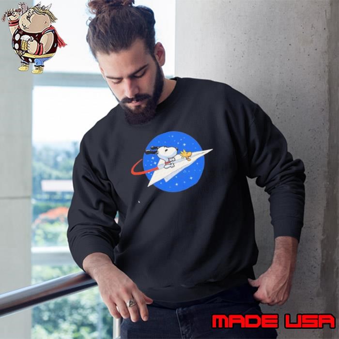 Space Voyager Snoopy and Woodstock in a paper airplane spacecraft NASA logo Sweatshirt