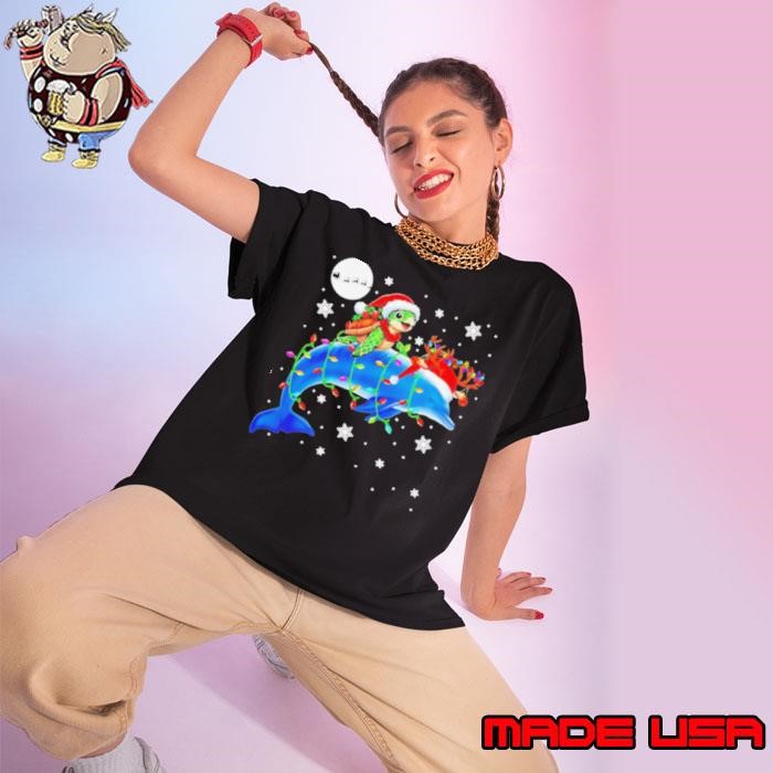 Turtle Reindeer Dolphin Christmas lights hat santa Ladies tee