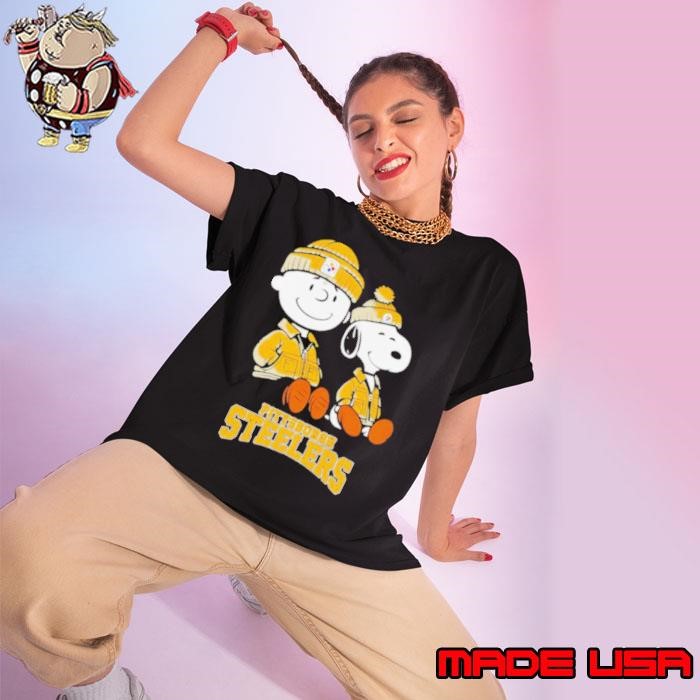 Charlie Brown and Snoopy sitting Pittsburgh Steelers Ladies tee