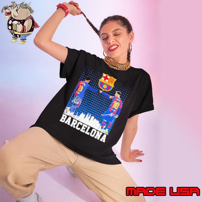 FC Barcelona Lamine Yamal and Lionel Messi signatures Ladies tee