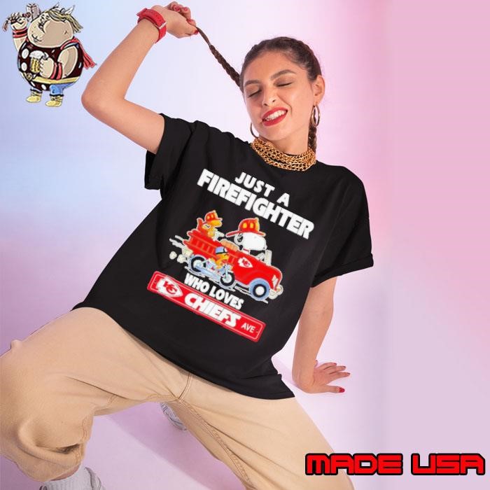 Snoopy and Woodstock Driver Just a Firefighter Who Loves Kansas City Chiefs Ladies tee