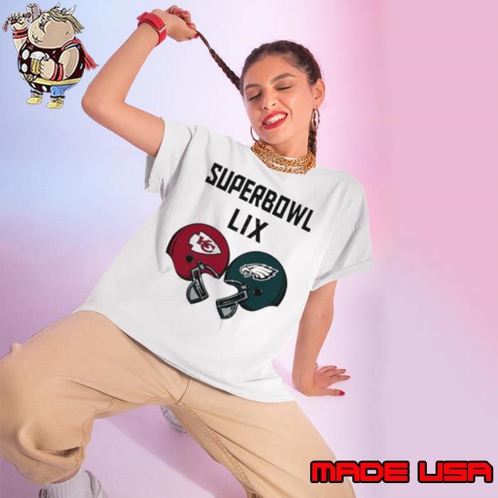 Chiefs vs Eagles 2025 Super Bowl LIX helmet Ladies tee