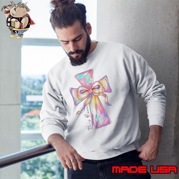 Cross Easter Pink He Is Risen Cross Coquette Bow Easter Sweatshirt