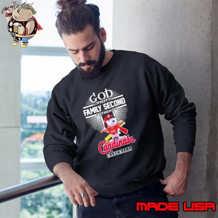 Snoopy God first family second then Cardinals baseball shirt