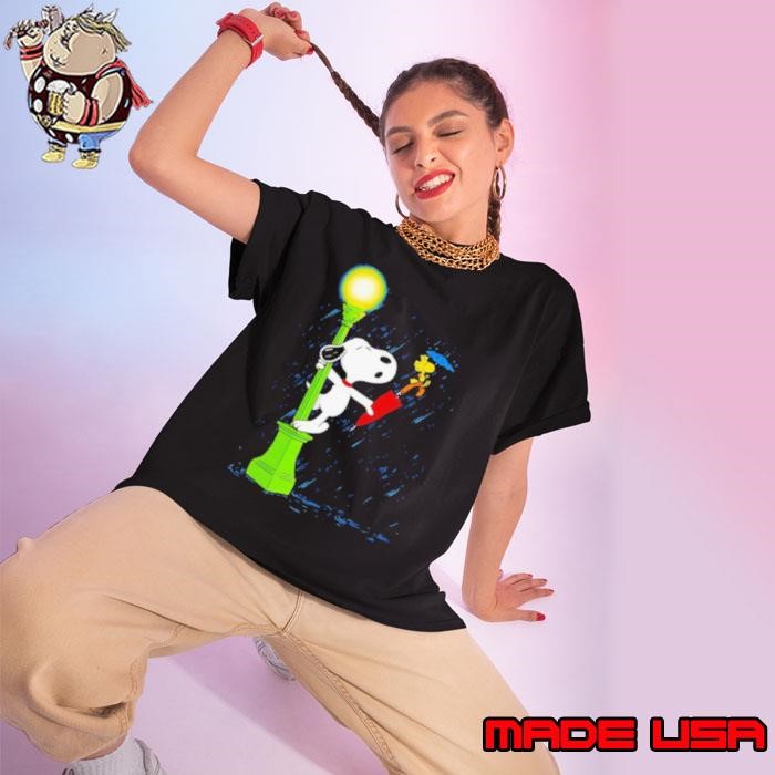 Snoopy and Woodstock singing in the rain Ladies tee