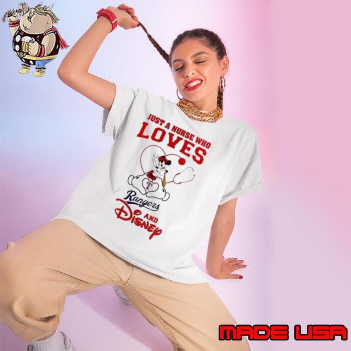 Texas Rangers Mickey Mouse just a nurse who loves and Disney Baseball Ladies tee