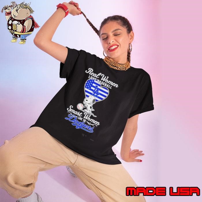 Top Real Women Love Baseball Smart Women Love The Dodgers Snoopy Hug Heart Ladies tee